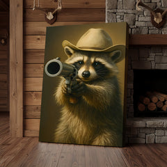 Maxcorners Cowboy Raccoon with Revolver Canvas Wall Art, Funny Western Critter Decor