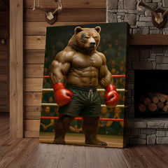 Maxcorners Boxing Bear Canvas Wall Art, Muscular Fighter in Red Gloves, Gym & Man Cave Decor