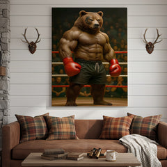 Maxcorners Boxing Bear Canvas Wall Art, Muscular Fighter in Red Gloves, Gym & Man Cave Decor