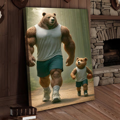 Maxcorners Buff Bear Dad and Cub Canvas Wall Art, Fitness Father and Son Bear Print, Basketball Kids Room & Home Gym Decor