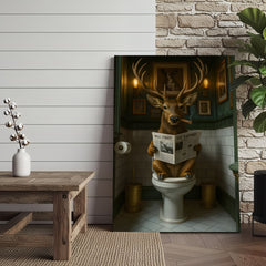 Maxcorners Funny Deer on Toilet Canvas Art – Stylish Animal Wall Art with Smoking and Wall Street Newspaper – Unique Bathroom Decor