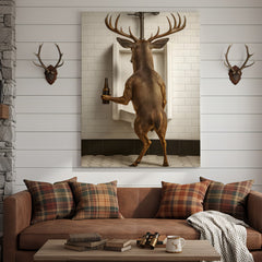 Maxcorners Deer Holding Beer and Standing at the Urinal Canvas – Hilarious Bathroom Wall Art for Rustic Cabin & Man Cave