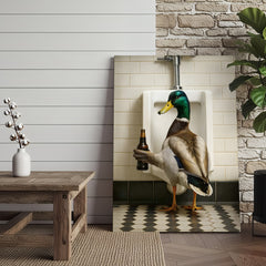 Maxcorners Funny Mallard Duck Holding Beer Bathroom Canvas – Duck at Urinal Wall Art, Rustic Cabin & Man Cave Decor