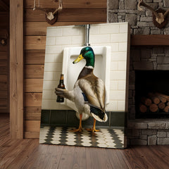 Maxcorners Funny Mallard Duck Holding Beer Bathroom Canvas – Duck at Urinal Wall Art, Rustic Cabin & Man Cave Decor