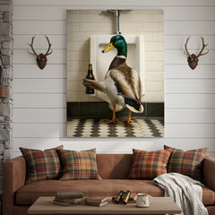 Maxcorners Funny Mallard Duck Holding Beer Bathroom Canvas – Duck at Urinal Wall Art, Rustic Cabin & Man Cave Decor