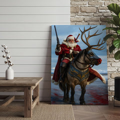 Maxcorners Epic Santa Riding Reindeer Canvas Wall Art, Fantasy Warrior Santa on Armored Reindeer Poster, Winter Christmas Wall Decor Print