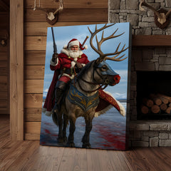 Maxcorners Epic Santa Riding Reindeer Canvas Wall Art, Fantasy Warrior Santa on Armored Reindeer Poster, Winter Christmas Wall Decor Print