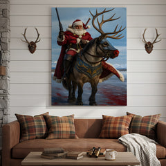 Maxcorners Epic Santa Riding Reindeer Canvas Wall Art, Fantasy Warrior Santa on Armored Reindeer Poster, Winter Christmas Wall Decor Print