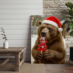Maxcorners Funny Christmas Bear Canvas Wall Art, Santa Hat Brown Bear With Candy Print, Cute Winter Holiday Cabin Decor