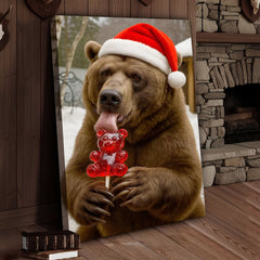 Maxcorners Funny Christmas Bear Canvas Wall Art, Santa Hat Brown Bear With Candy Print, Cute Winter Holiday Cabin Decor