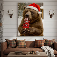 Maxcorners Funny Christmas Bear Canvas Wall Art, Santa Hat Brown Bear With Candy Print, Cute Winter Holiday Cabin Decor