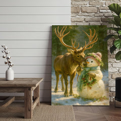 Maxcorners Reindeer and Snowman Friends Christmas Canvas Wall Art, Whimsical Winter Forest Holiday Print, Cozy Woodland Farmhouse Christmas Decor