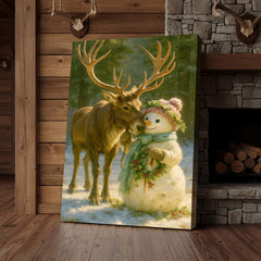 Maxcorners Reindeer and Snowman Friends Christmas Canvas Wall Art, Whimsical Winter Forest Holiday Print, Cozy Woodland Farmhouse Christmas Decor