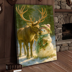 Maxcorners Reindeer and Snowman Friends Christmas Canvas Wall Art, Whimsical Winter Forest Holiday Print, Cozy Woodland Farmhouse Christmas Decor