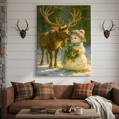 Maxcorners Reindeer and Snowman Friends Christmas Canvas Wall Art, Whimsical Winter Forest Holiday Print, Cozy Woodland Farmhouse Christmas Decor