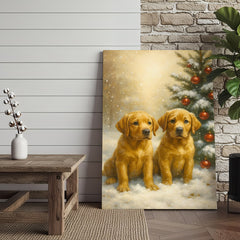 Maxcorners Christmas Golden Puppies Canvas Wall Art – Cute Labrador Dog Holiday Canvas Print, Winter Pet Wall Decor Gift