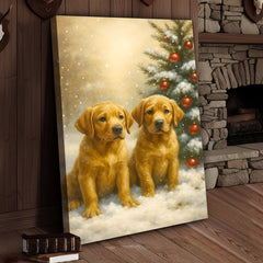 Maxcorners Christmas Golden Puppies Canvas Wall Art – Cute Labrador Dog Holiday Canvas Print, Winter Pet Wall Decor Gift