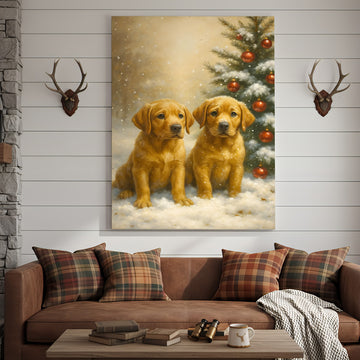 Maxcorners Christmas Golden Puppies Canvas Wall Art – Cute Labrador Dog Holiday Canvas Print, Winter Pet Wall Decor Gift