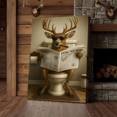 Maxcorners Funny Deer on Toilet Canvas – Hilarious Animal Art Print with SunGlasses and Smoking Reading Newspaper.