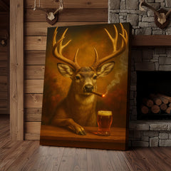 Maxcorners Muke Deer With Smoking & Cocktail Glasses Canvas – Funny Hunting Lodge Wall Art Perfect Gift for Hunters & Cocktail Glasses Lovers