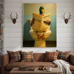 Maxcorners Funny Duck Bathroom Wall Art Canvas – Mallard Reading Newspaper Canvas Decor