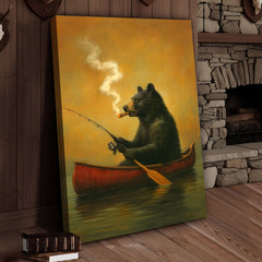 Maxcorners Bear Smoking Fishing Canvas, Funny Lodge Wall Art, Canoe Fishing Rustic Cabin Wall Art