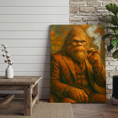 Maxcorners Bigfoot Smoking Canvas, Sasquatch Wall Art Print for Man Cave, Rustic Cabin & Smoking Lounge