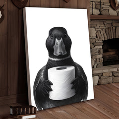 Maxcorners Mallard Duck Canvas Wall Art, Funny Animal Portrait Holding Toilet Paper, Black and White Bathroom Decor Print