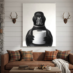 Maxcorners Mallard Duck Canvas Wall Art, Funny Animal Portrait Holding Toilet Paper, Black and White Bathroom Decor Print