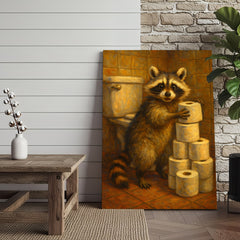 Maxcorners Funny Raccoon Canvas Wall Art – Cute Animal Bathroom Decor with Toilet Paper for Rustic Cabin & Home