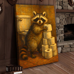 Maxcorners Funny Raccoon Canvas Wall Art – Cute Animal Bathroom Decor with Toilet Paper for Rustic Cabin & Home
