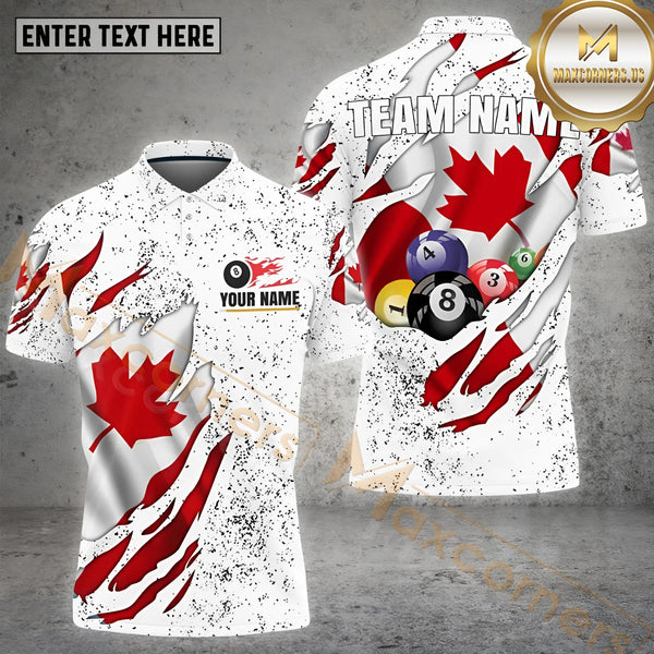 Maxcorners Black/White Billiard Canada Flag Pattern Jersey Customized Name, Team Name 3D Polo Shirt