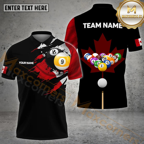 Maxcorners Black Texure Billiard Canada Flag Jersey Customized Name, Team Name 3D Polo Shirt