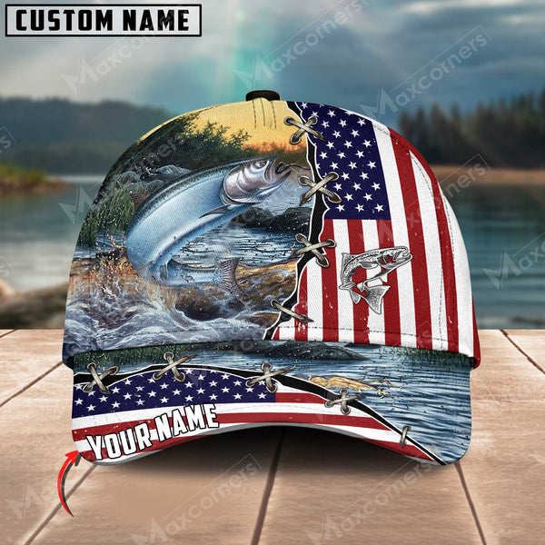 Maxcorners Salmon Fishing Flag US Pattern  Personalized Classic 3D Cap