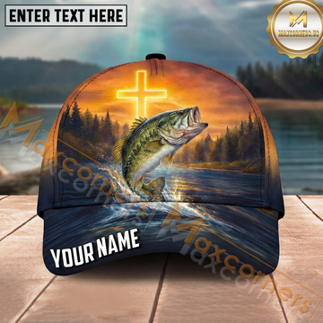 Maxcorners Fishing Christian Cross Sunset River Personalized Name 3D Cap (12 Fish Species)