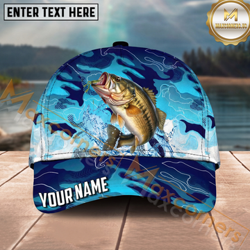 Maxcorners Fishing Blue Camo Lure Splash Personalized Name 3D Cap (12 Fish Species)