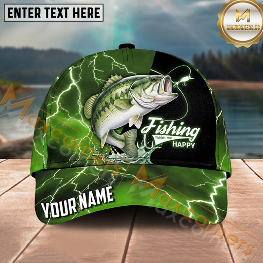 Maxcorners Fishing Green Lightning Happy Quote Personalized Name 3D Cap (12 Fish Species)