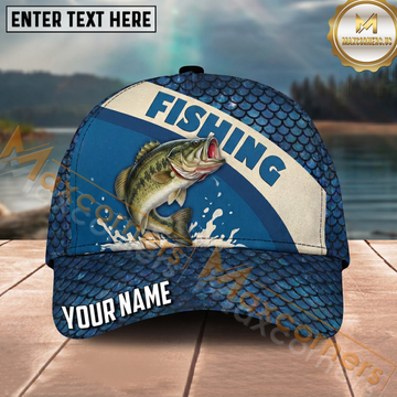 Maxcorners Fishing Blue Scale Pattern Bold Splash Personalized Name 3D Cap (12 Fish Species)