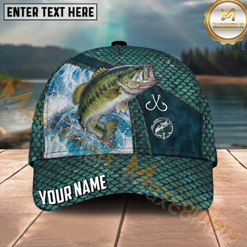 Maxcorners Fishing Teal Scale Hook Emblem Ocean Splash Personalized Name 3D Cap (12 Fish Species)