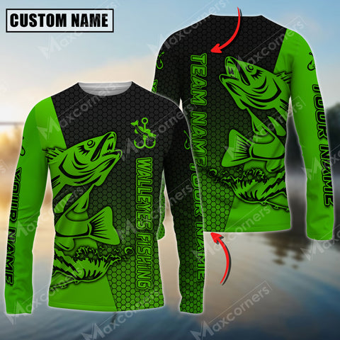 Maxcorne Walleye Fishing Green Basic Pattern  Personalized 3D Long Sleeve Shirt