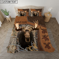 Maxcorners Custom Text Moose Hunting Grass Brown Camo Leather Pattern Bedding Set 3D All Over Printed