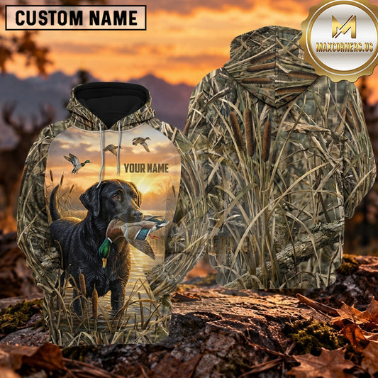 Maxcorners Sunset Reed Field Duck Hunting Personalized Name 3D Hoodie (8 Hunting Dog Options)