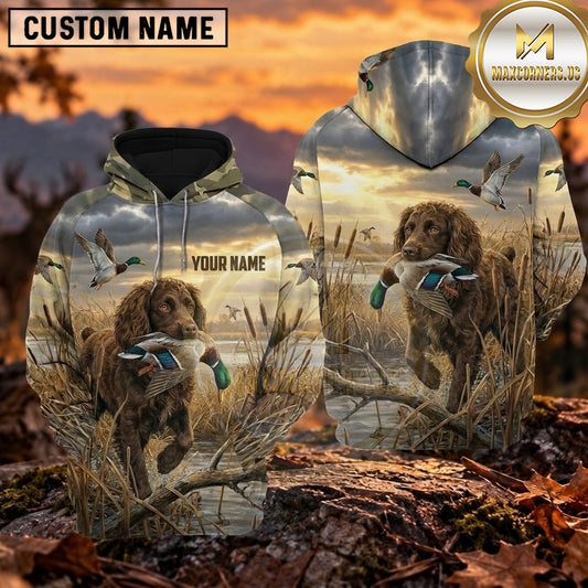 Maxcorners Vintage Wetland Landscape Duck Hunting Personalized Name 3D Hoodie (8 Hunting Dog Options)