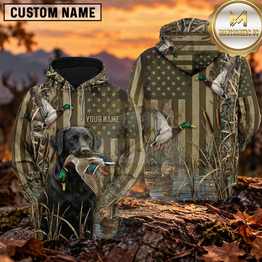 Maxcorners Rustic American Flag Duck Hunting Personalized Name 3D Hoodie (8 Hunting Dog Options)