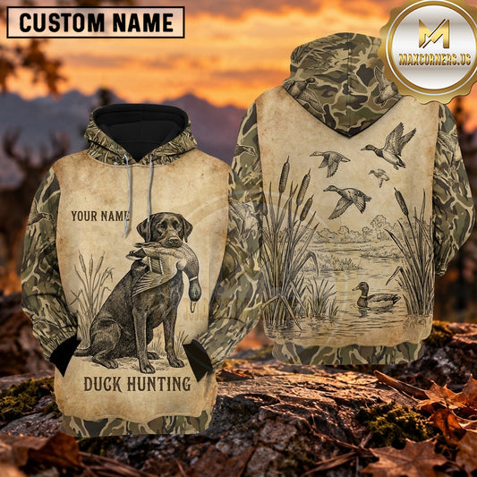 Maxcorners Vintage Flying Ducks Artwork Duck Hunting Personalized Name 3D Hoodie (8 Hunting Dog Options)