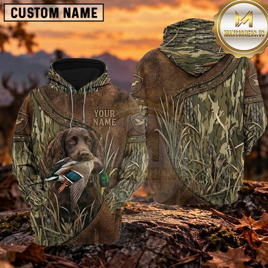 Maxcorners Rustic Leather Camouflage Duck Hunting Personalized Name 3D Hoodie (8 Hunting Dog Options)