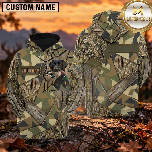 Maxcorners Geometric Woodland Camouflage Duck Hunting Personalized Name 3D Hoodie (8 Hunting Dog Options)