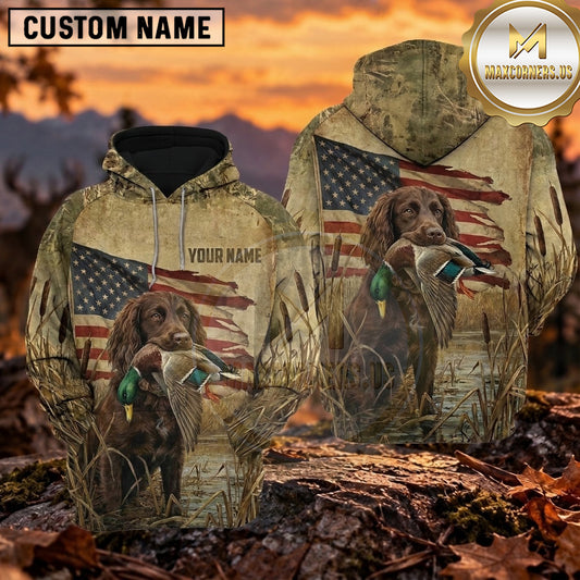 Maxcorners Distressed American Flag Duck Hunting Personalized Name 3D Hoodie (8 Hunting Dog Options)