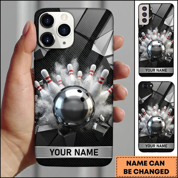Maxcorners Bowling Phone Case Metallic Chrome Ball Impact Dust Splatters Polygon Geometric Carbon Surface Pins Personalized Name Multi Options Cover
