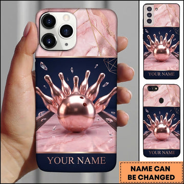 Maxcorners Bowling Phone Case Marble Texture Geometry Lines Floating Crystal Shards Ball Pins Alley Personalized Name Multi Options Cover